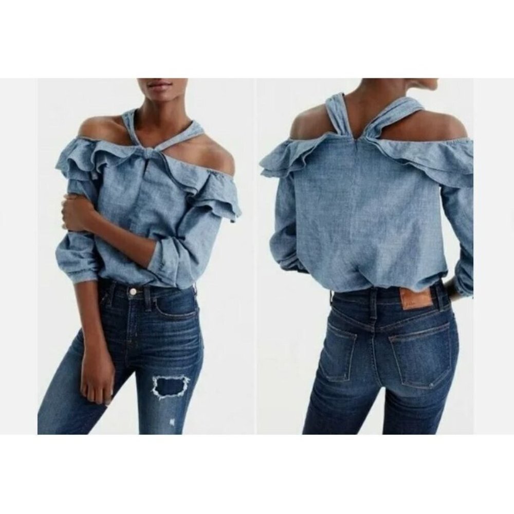 J. Crew Light Denim Off-Shoulder Ruffle Top